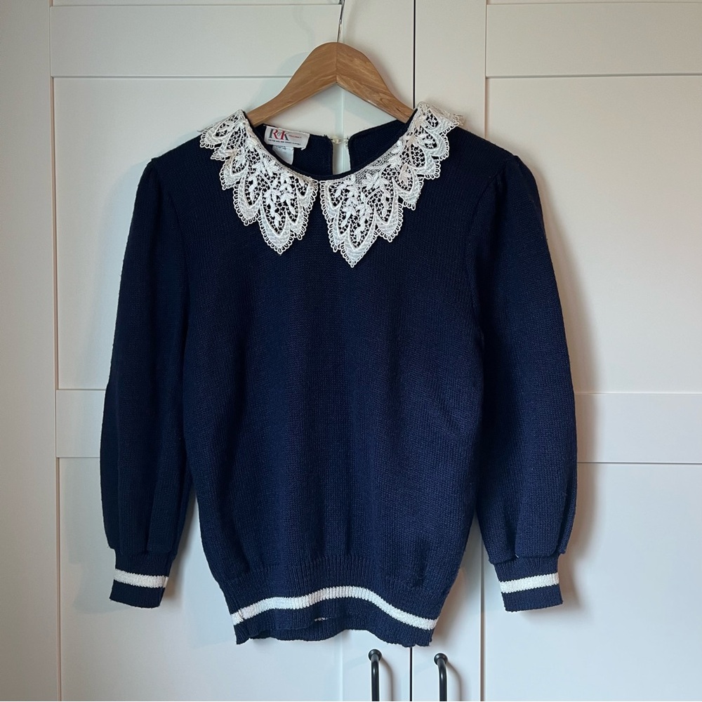Vintage Navy Blue Sweater with Lace Collar - Picture 2 of 6